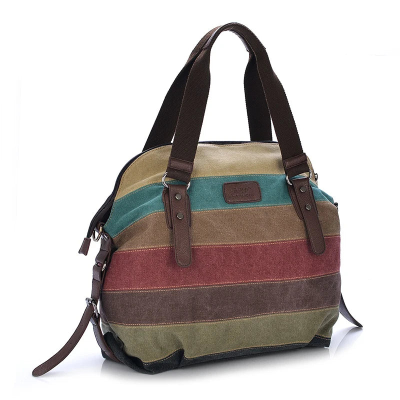 Women Shoulder Bags Satchel Stripe Canvas Handbag Retro Messenger