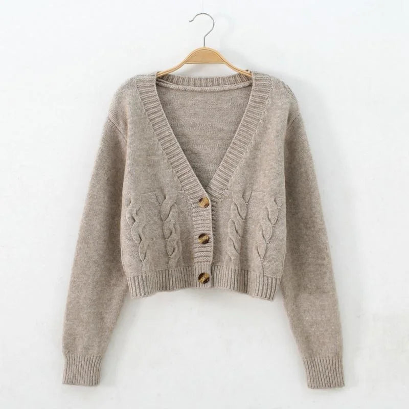 V Neck Short Cardigan Twist Sweater Coat