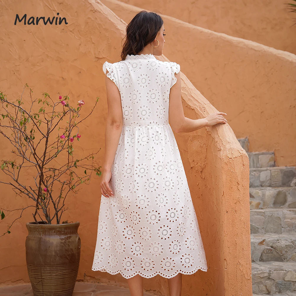 Simple Casual Solid Hollow Out Cotton Style High Waist Fashion Dress