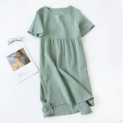 Vintage Cotton Gauze Summer Dress Solid O-Neck Short Long Basic