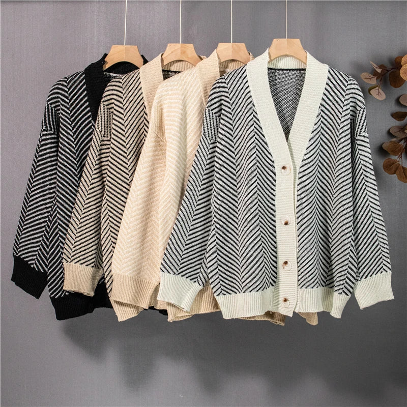 Oversized Striped Cardigans Knitted Vintage Sweater Tops