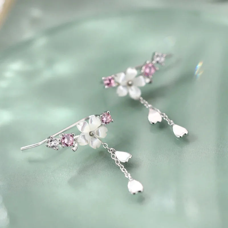 Silver Color Stud Earrings for Women Trendy Flowers Tassel Jewelry