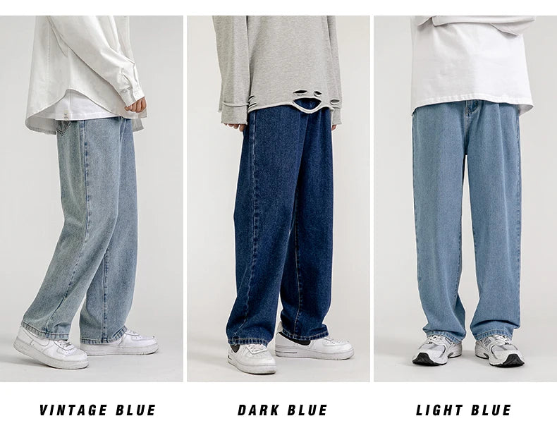 Fashion Men's Baggy Jeans Classic All-match Solid Color Straight-leg Denim