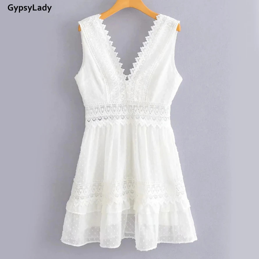 Cotton Lace Mini Dress Summer Backless Ruffle Ladies