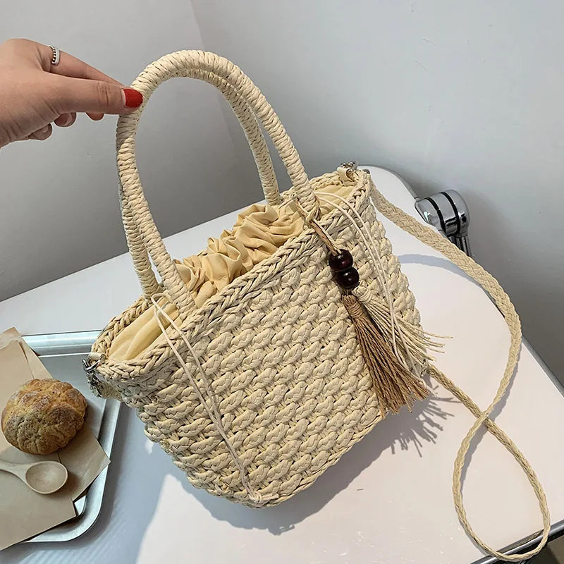 Fashion Tassel Straw Handbag Beach Hand-Woven Rattan Purse