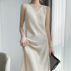 V-Neck Sleeveless Satin Party Long Maxi Dress Casual Sundress