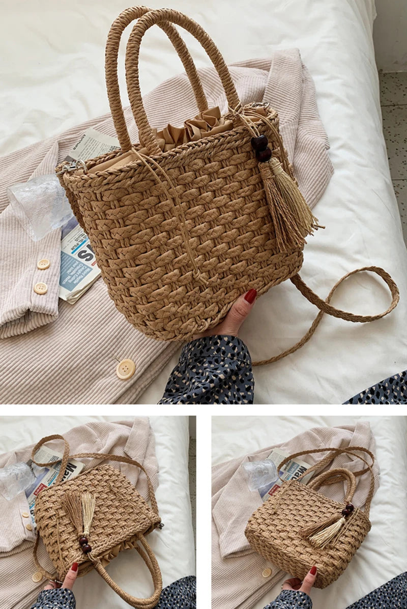 Fashion Tassel Straw Handbag Beach Hand-Woven Rattan Purse