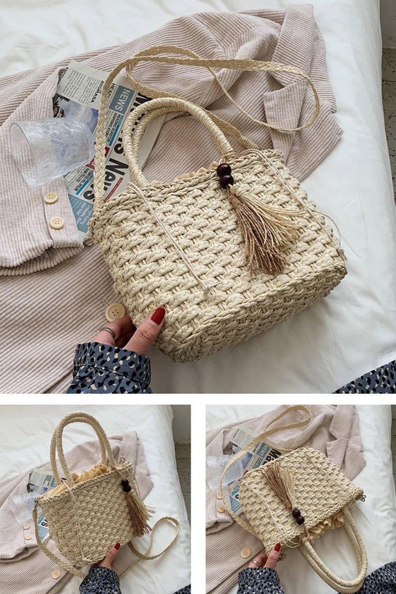 Fashion Tassel Straw Handbag Beach Hand-Woven Rattan Purse