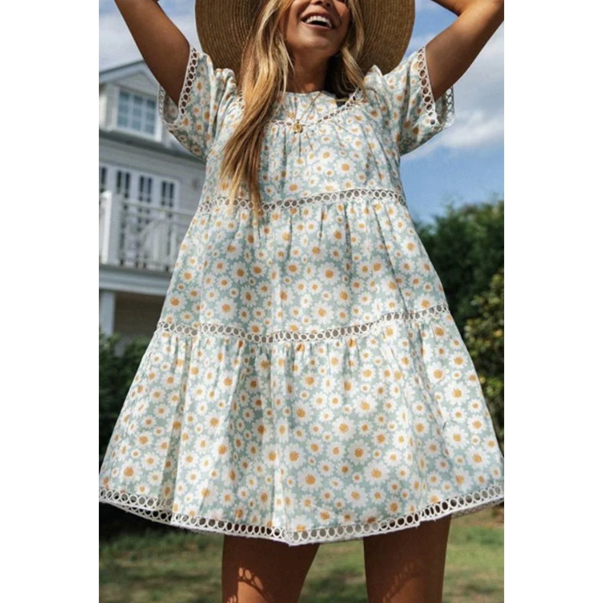 Daisy Floral Print Boho Mini Dress Vintage Ruffle Chic