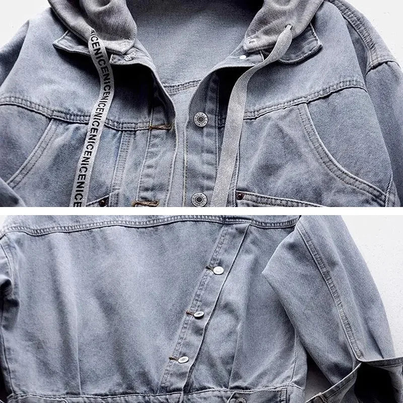 Hooded Turn-down Collar Denim Jacket Button Outwear