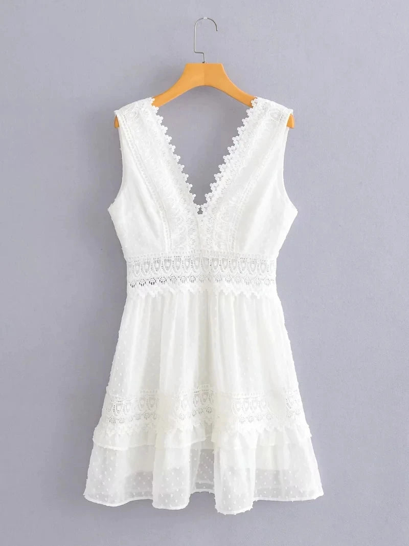 Cotton Lace Mini Dress Summer Backless Ruffle Ladies