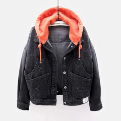 Hooded Turn-down Collar Denim Jacket Button Outwear