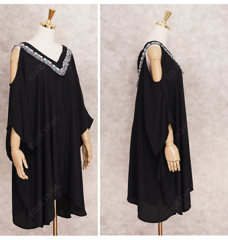 Slimming Black Tunic kaftan V-neck Off Shoulder Plus Mini Dress