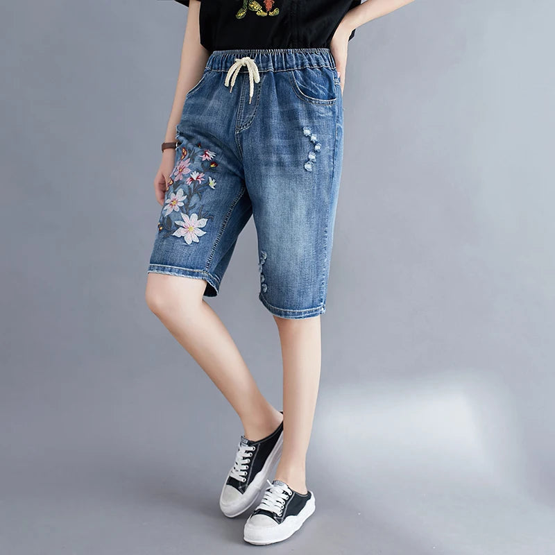 Style Elastic Waist Floral Embroidery Drawstring Ripped Shorts