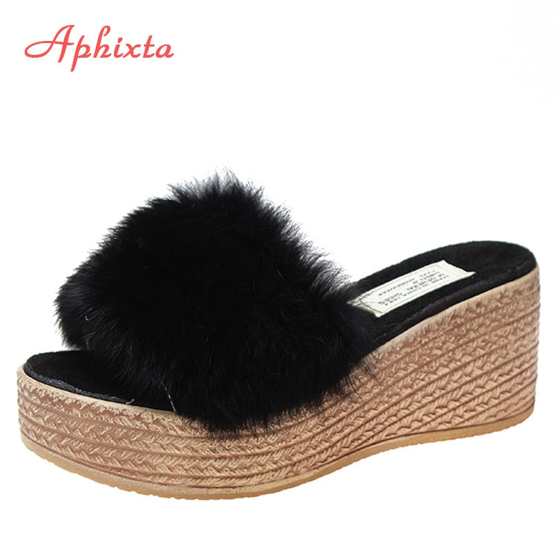 Wedge Heels Warm Fur Slippers Wood Grain Women's Shoes