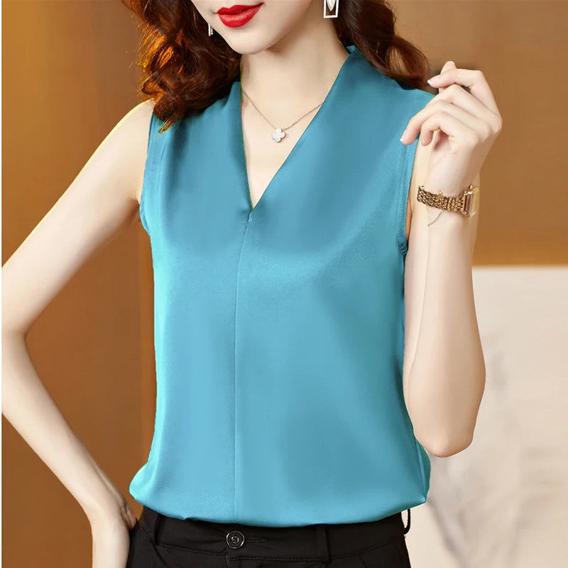 Women Silk Tanks Satin Sleeveless Solid Tank Tops