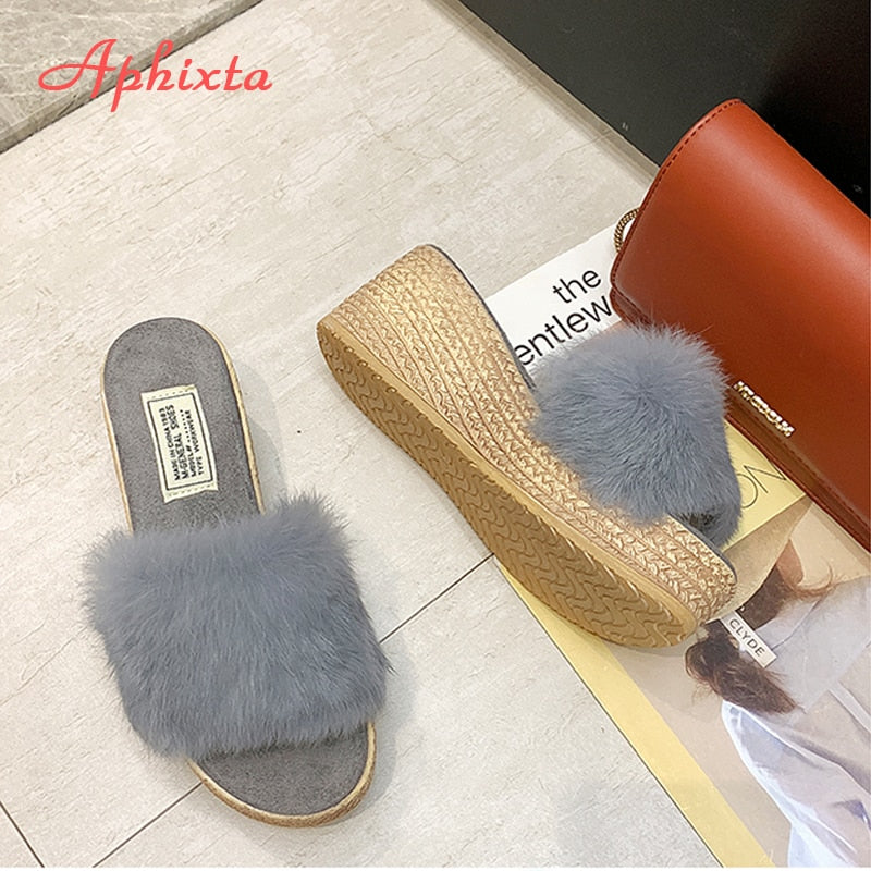 Wedge Heels Warm Fur Slippers Wood Grain Women's Shoes