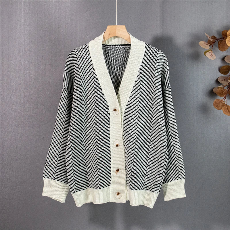 Oversized Striped Cardigans Knitted Vintage Sweater Tops