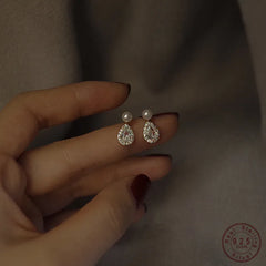 Plated Pearl Stud Earrings Water Drop Shiny Zircon Exquisite Earrings