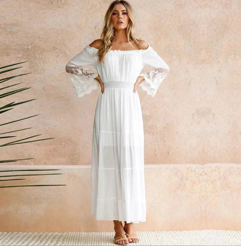 boho dress white off the shoulder beach sundress Flare long sleeve