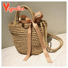 Handmade Straw Bags Ribbons Bowknot Beach Knitting Handbags