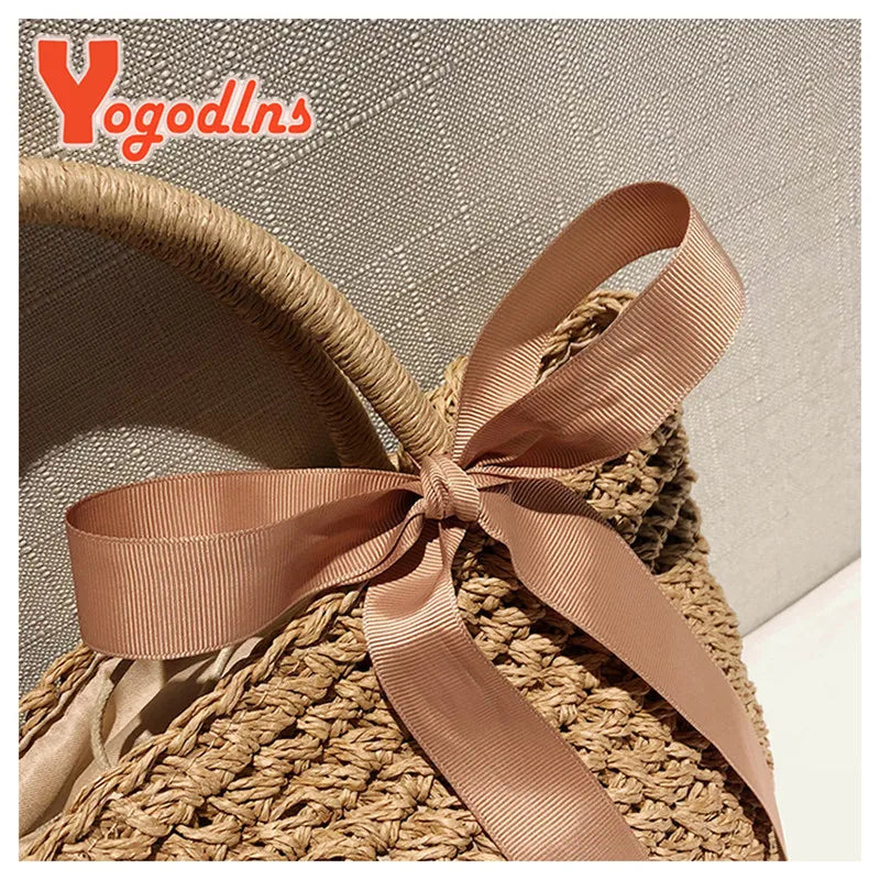 Handmade Straw Bags Ribbons Bowknot Beach Knitting Handbags