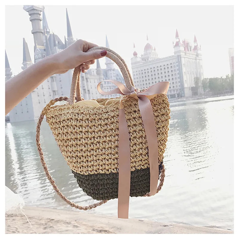 Handmade Straw Bags Ribbons Bowknot Beach Knitting Handbags