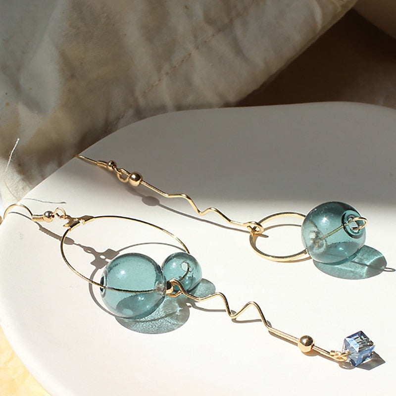 Design Vintage Glass Ball Circle Dangle Long Earrings