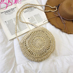 Hand-Crochet Knitting Straw Crossbody Bag Round Woven Knitted