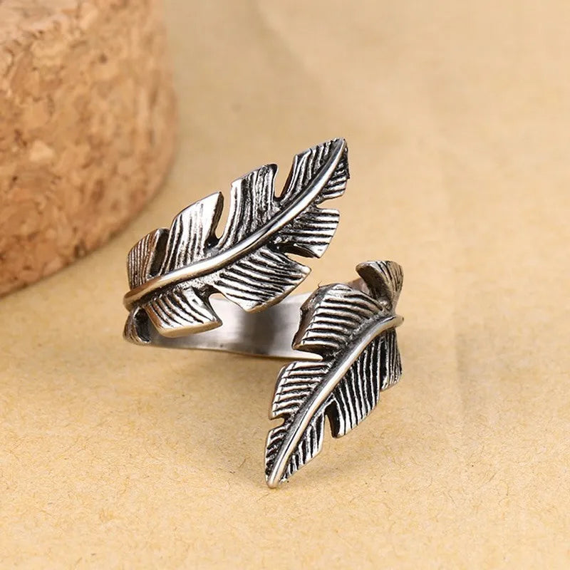 Vintage Feather Ring Men Jewelry Stainless Steel Style