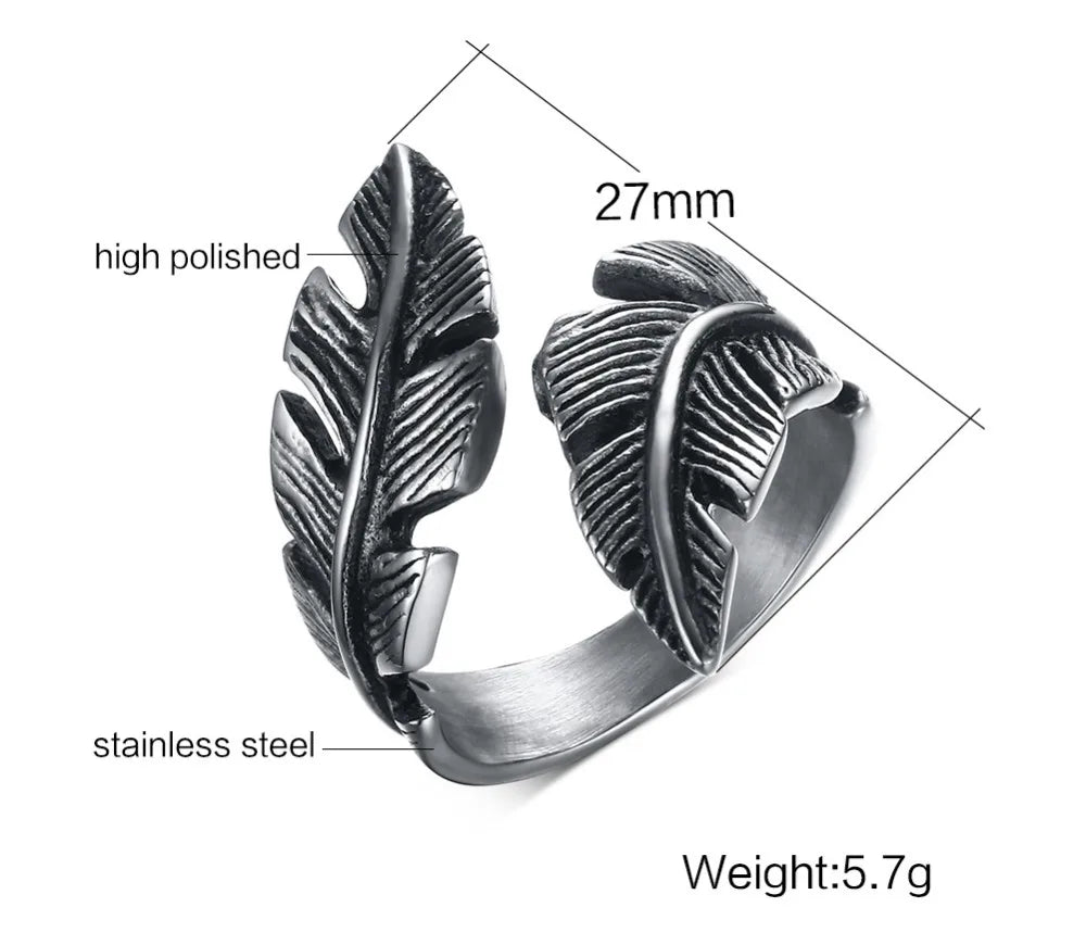 Vintage Feather Ring Men Jewelry Stainless Steel Style