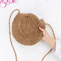 Hand-Crochet Knitting Straw Crossbody Bag Round Woven Knitted