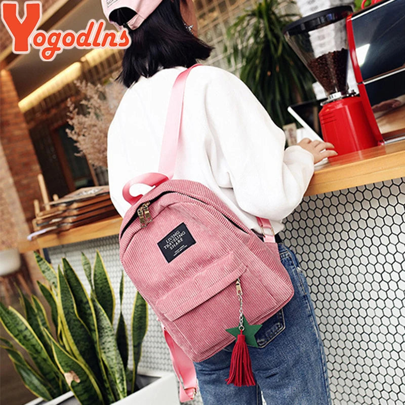 Backpacks School Shoulder Bag With Tassel Corduroy