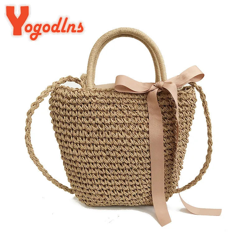 Handmade Straw Bags Ribbons Bowknot Beach Knitting Handbags