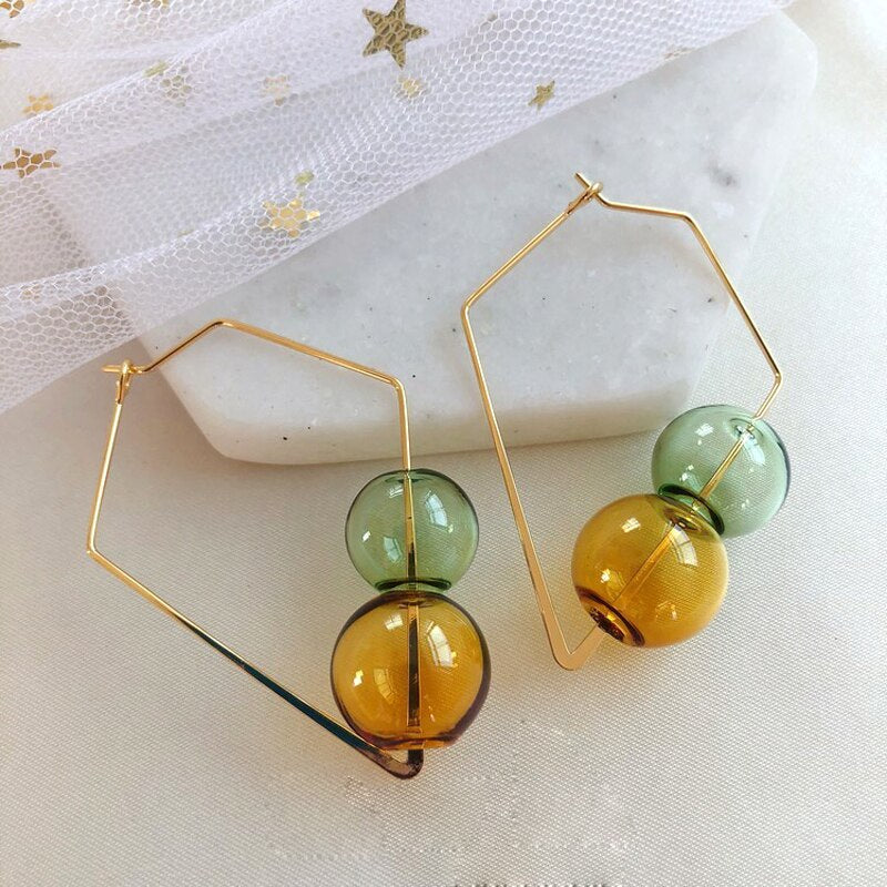 Design Vintage Glass Ball Circle Dangle Long Earrings