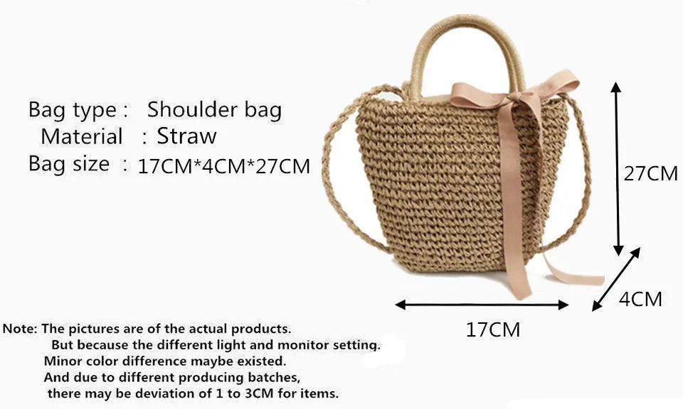 Handmade Straw Bags Ribbons Bowknot Beach Knitting Handbags