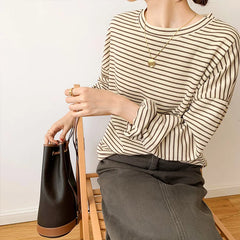 Stripe O-neck Long Sleeve Loose BasicShirt Oversize Knit Tops