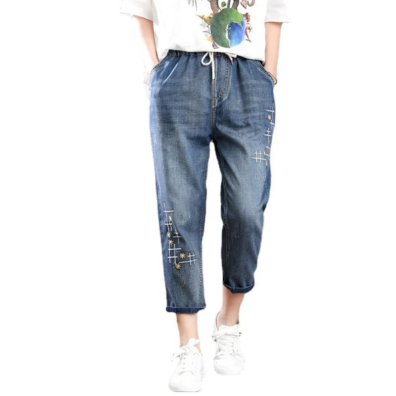 Harem Multi-Style Washed Hole Embroidery Casual Denim Pants