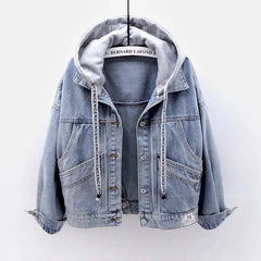 Hooded Turn-down Collar Denim Jacket Button Outwear