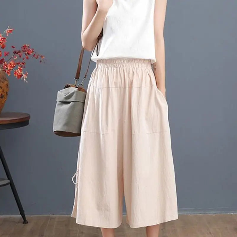 Summer Casual Elastic Waist Wide Leg Pants Large Size