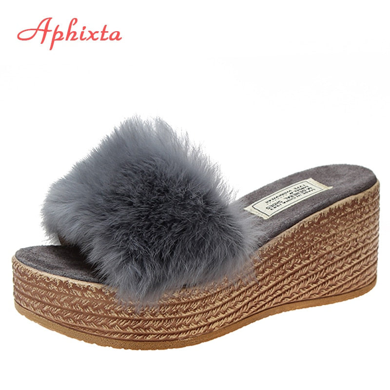 Wedge Heels Warm Fur Slippers Wood Grain Women's Shoes