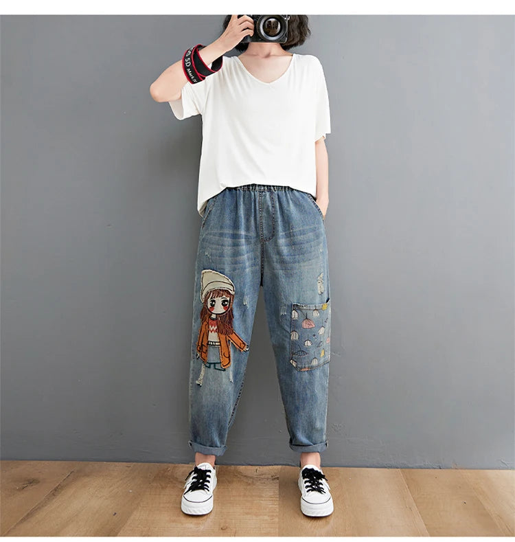 Embroidery Denim Pants For Women Trendy Casual High Waist