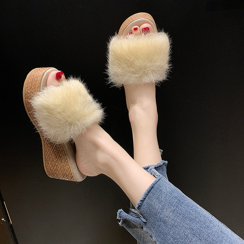 Wedge Heels Warm Fur Slippers Wood Grain Women's Shoes