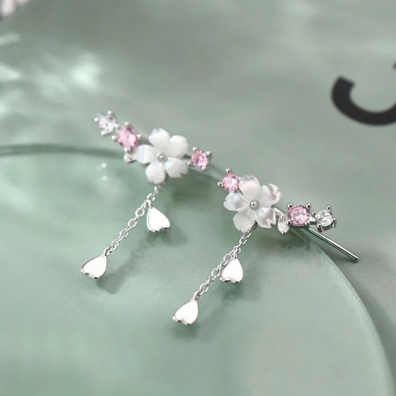 Silver Color Stud Earrings for Women Trendy Flowers Tassel Jewelry