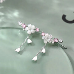 Silver Color Stud Earrings for Women Trendy Flowers Tassel Jewelry