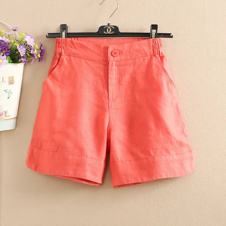 Style Solid Color Wide Leg Cotton Linen Office Lady Casual Loose Harajuku Shorts