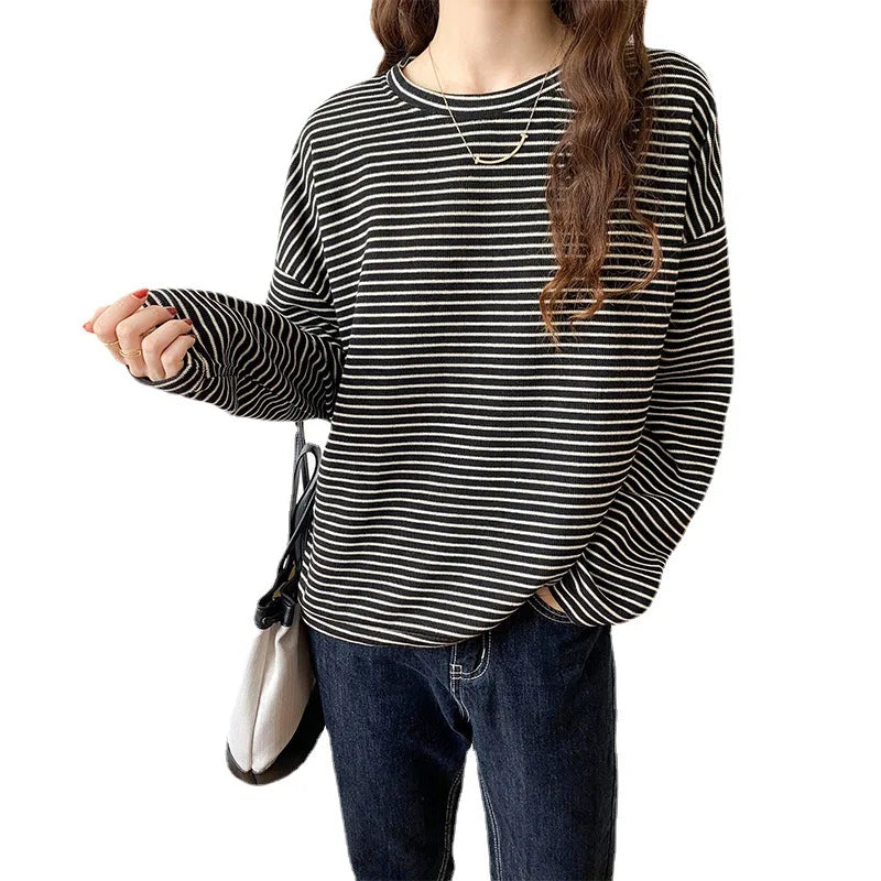 Stripe O-neck Long Sleeve Loose BasicShirt Oversize Knit Tops