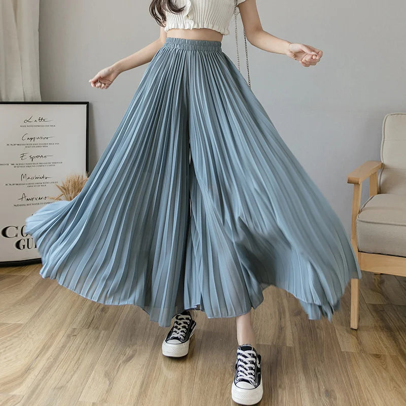 Women Elegant Chiffon High Waist Wide Leg Pants Casual