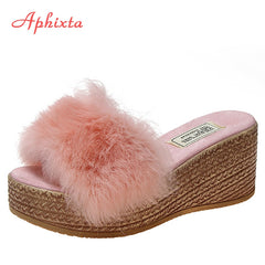 Wedge Heels Warm Fur Slippers Wood Grain Women's Shoes