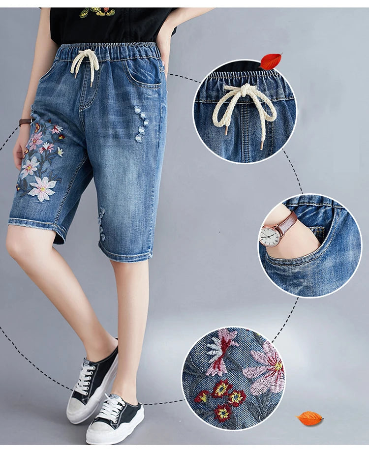 Style Elastic Waist Floral Embroidery Drawstring Ripped Shorts